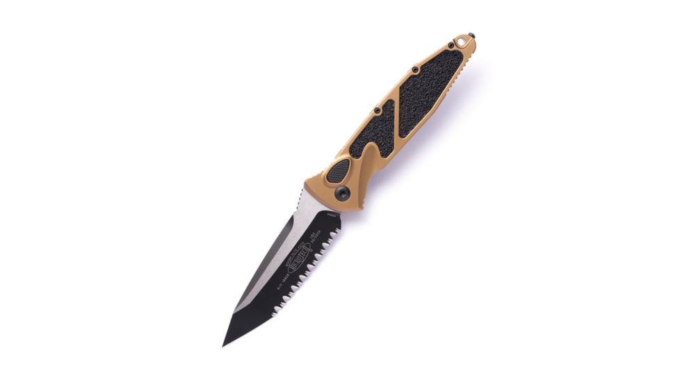 Microtech Socom Elite Auto T/E Part Serrate 4in Automatic Folding Knife, Manual Folder, Tan/Black, 161A-3TA