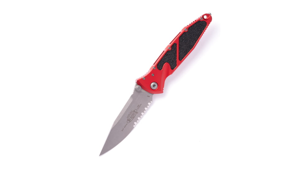 Microtech Socom Elite S/E Folding Knife, 4in, M390 Steel, Apocalyptic, Clip Point Blade, Partially Serrated, Aluminum, Red Handle, 160-11APRD