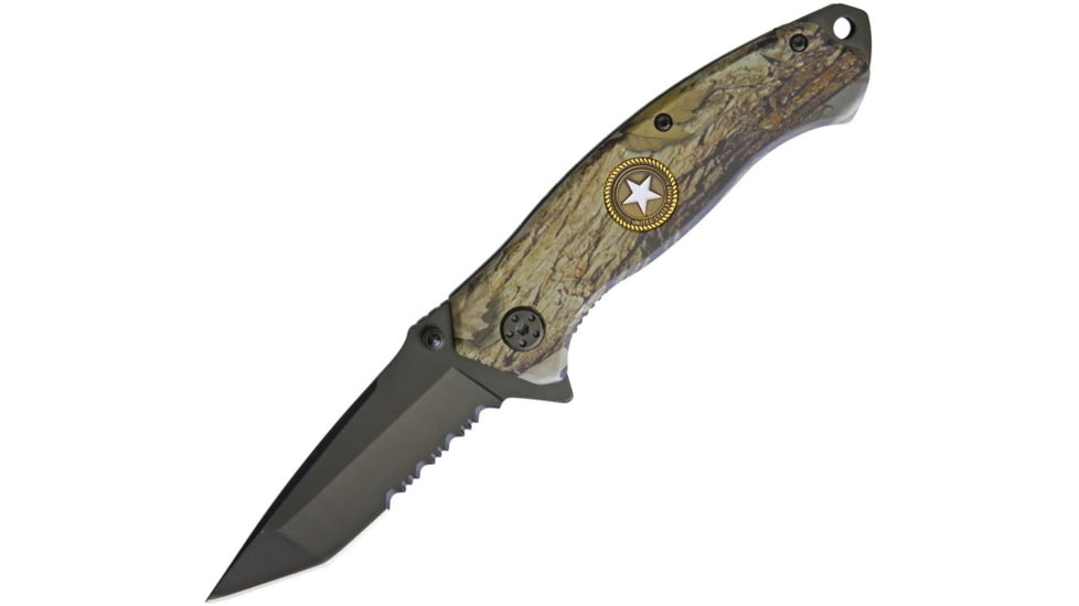 Miscellaneous Linerlock A/O Folding Knife, 4.5in Closed, 3in Black Partially Serrated SS Tanto Blade, Camo Synthetic Handle, Inlay Shield, Thumb Stud, Pocket Clip, Camo, 7663