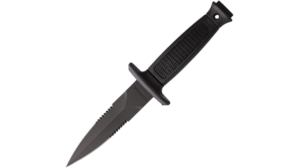 Miscellaneous Mil Tec Boot Knife Fixed Blade Knife, 8.75in Overall, 4.5in Black Partially Serrated SS Dagger Blade, Black Checkered Synthetic Handle, Black Nylon Belt Sheath, Black, 15372000