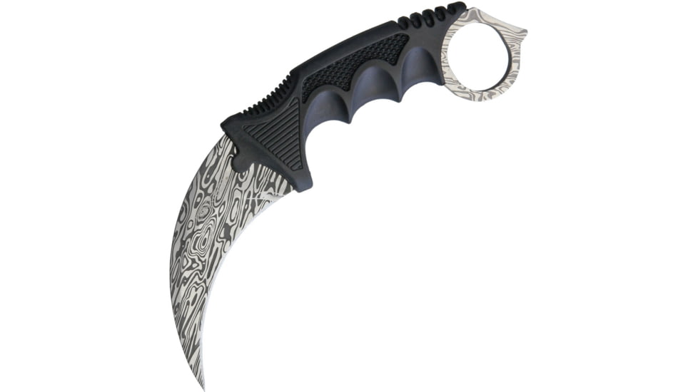 Miscellaneous Neck Knife, 7.25in Overall, 3.5in SS Karambit Blade, Black Finger Grooved Nylon Handle, Finger Ring, Faux Damascus Finish Blade, Black Nylon Neck Sheath, YC-9115-M