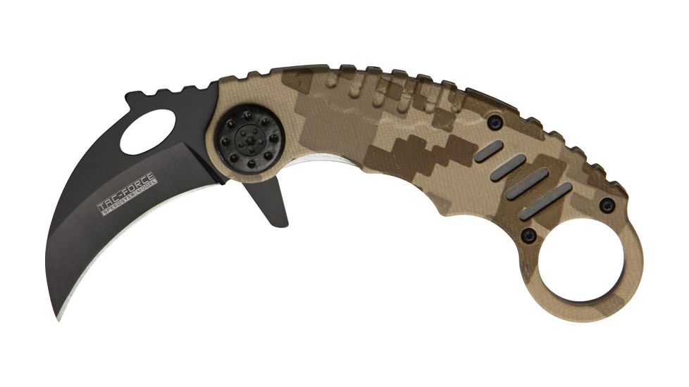 Miscellaneous Speed Assisted Karambit Folding Knife,2.25in,Black Coated Stainless Blade,Tan Digital Camo Anodized Alum Handle/Black Trim M4084