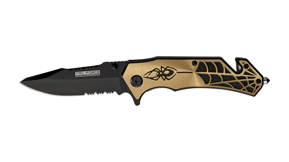 Miscellaneous Speed Assisted Spider Folding Knife,3.25in,Partially Serrated Blade,Black Anodized Alum Handle/Copper Cutout M3873