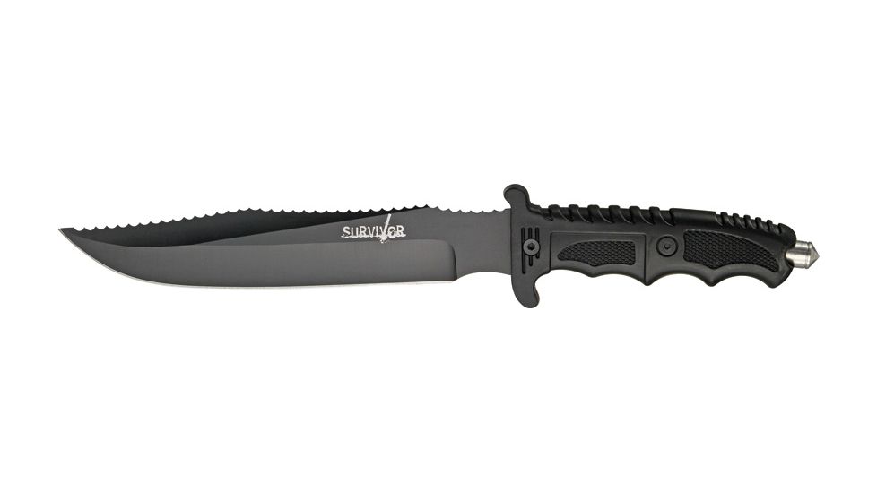 Miscellaneous Survival Fixed Blade Knife,7.75in,Black Sawback Blade,Textured Black Finger Grooved Handle M4139