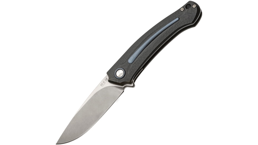 MKM Arvenis Framelock Folding Knife, 3.5in Stonewash Bohler M390 SS Drop Point, Black Anodized Aluminum Handle With Blue Aluminum Inlay, Blue Anodized Pivot Collar, Black Nylon Zippered Case, MKFX01-MGGY
