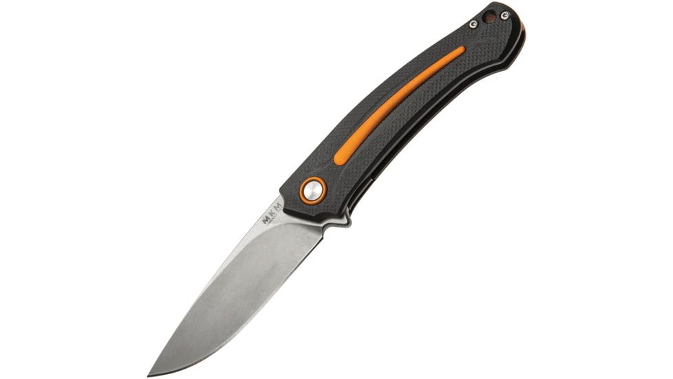 MKM Arvenis Framelock Fox Folding Knife, 3.5in Stonewash Bohler M390 SS Drop Point, Black Anodized Aluminum Handle, Orange Anodized Pivot Collar, Black Nylon Zippered Storage Case, MKFX01-MGOR