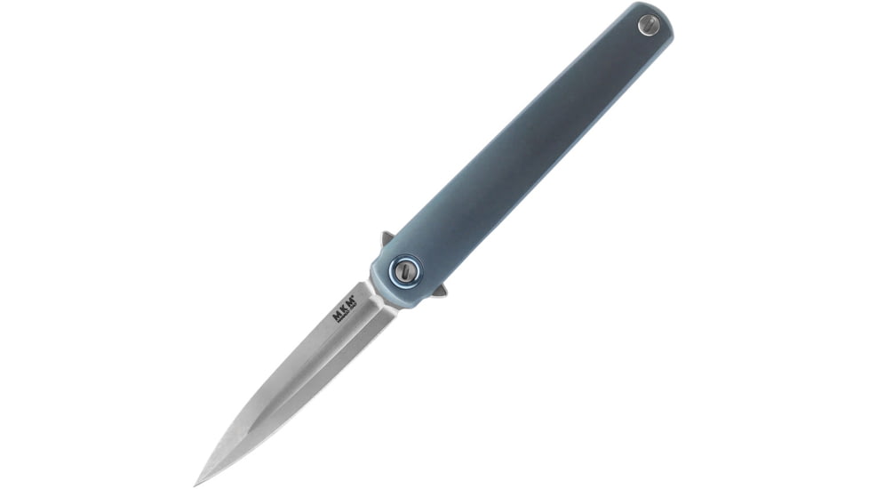 MKM Flame Framelock Dagger Blue Folding Knife, 2.88 stonewash finish Bohler M390 stainless dagge, Blue anodized titanium handle, MK FL02-TBSW