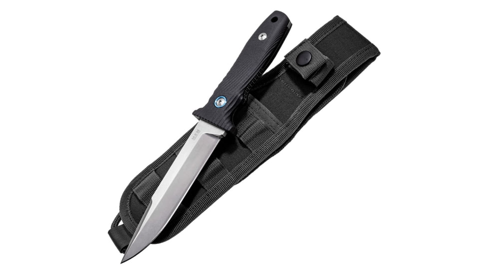 MKM Jouf Fixed Blade Fox Fixed Blade Knife, 10.25in Overall, 5.5in Stonewash Bohler N690 SS Drop Point, Black Sculpted G10 Handle, By Fox, Black Cordura Sheath, Designed By Bob Terzuola, MKFX02-S