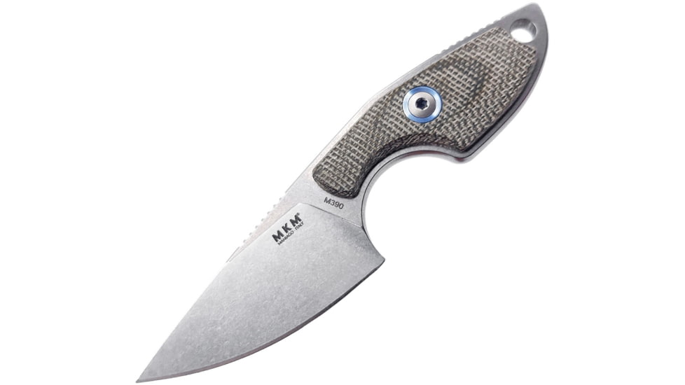 MKM Mikro 1 Fixed Blade Knife, 2 stonewash finish Bohler M390 stainless drop poi, Green canvas micarta handle, MK MR01-GC