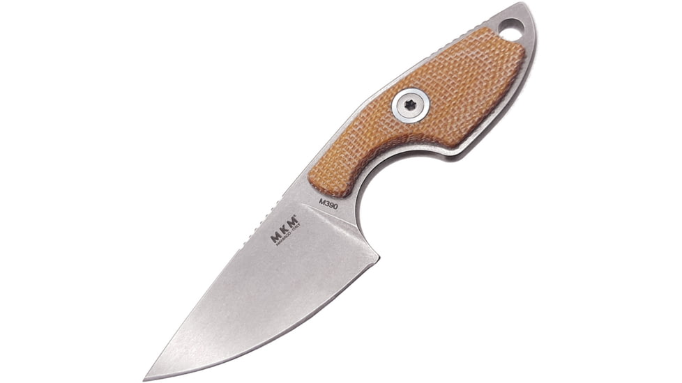 MKM Mikro 1 Fixed Blade Knife, 2 stonewash finish Bohler M390 stainless drop poi, Natural canvas micarta handle, MK MR01-NC