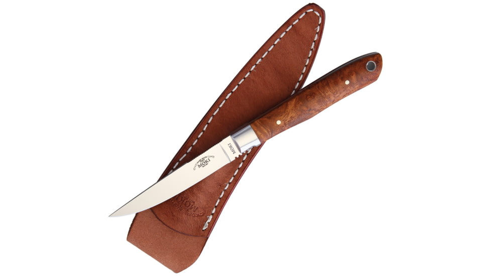 Moki Bird &amp; Trout 2.0 Quince Knife, 7.13in Overall, 3.25in Satin AUS-8 Stainless Steel Blade, Quince Wood Handle, Brown Leather Belt Sheath, TS-535J