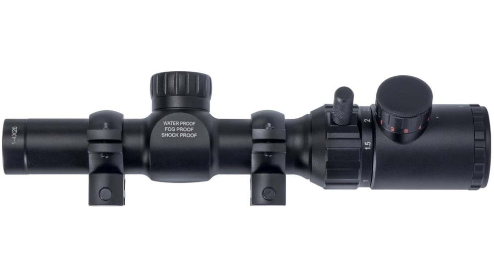 Monstrum 1-4x20 Rifle Scope with Rangefinder Reticle and Medium Profile Scope Rings, Black, S1420-R-RG