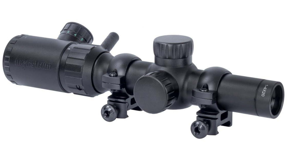 Monstrum 1-4x20 Rifle Scope with Rangefinder Reticle and Medium Profile Scope Rings, Black, S1420-R-RG
