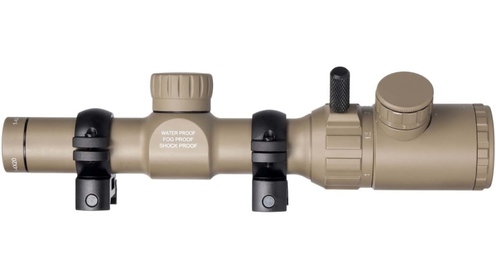 Monstrum 1-4x20 Rifle Scope with Rangefinder Reticle and Medium Profile Scope Rings, Flat Dark Earth, TS1420-R-RG