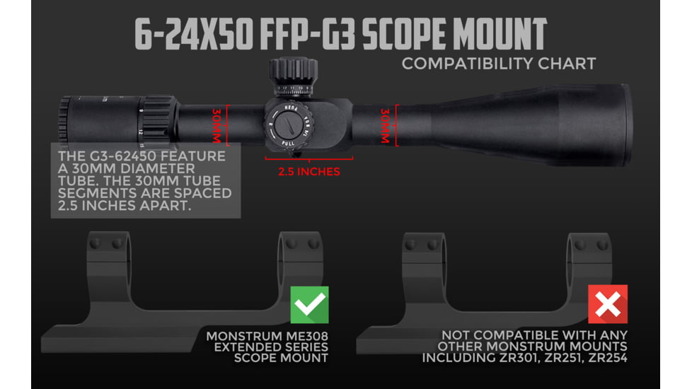 Monstrum G3 5-25x50mm w/ Illuminated MOA Reticle and Parallax Adjustment Rifle Scope, 30mm Tube First Focal Plane, Black, G3F52550-BLK