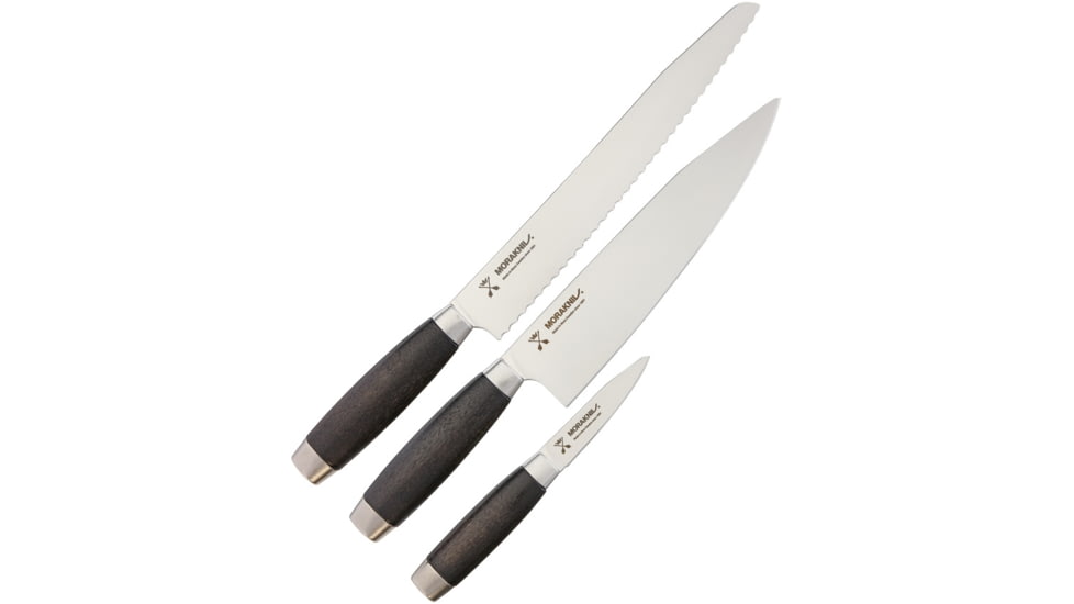 Morakniv Classic 1891 3 Pack Kitchen Knives, Three Piece Set 9in Chef'S Knife, 10in Bread Knife And 3in Paring Knife, Knives Have SS Blades And Black Wood Handles, Black, M-12423