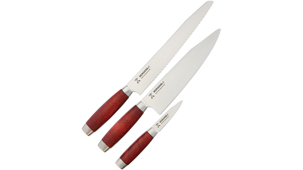 Morakniv Classic 1891 3 Pack Red Kitchen Knives, Three Piece Set 9in Chef'S Knife, 10in Bread Knife And 3in Paring Knife, Knives Have SS Blades And Red Wood Handles, Red, M-12422