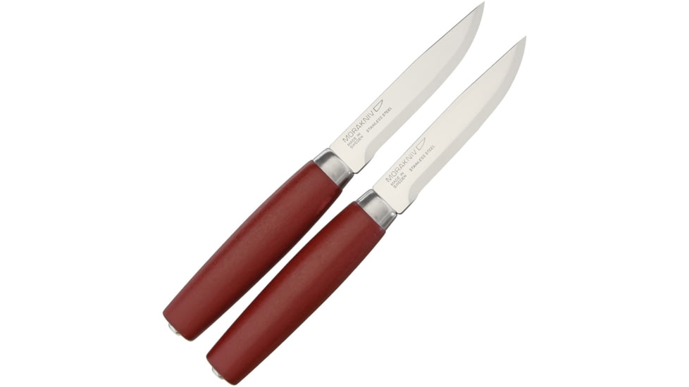Morakniv Classic Steak Knife Set Kitchen Knives, Includes Two 8in Overall Steak Knives With 4in SS Blade, Red Wood Handle With SS Guard, Red, M-12160