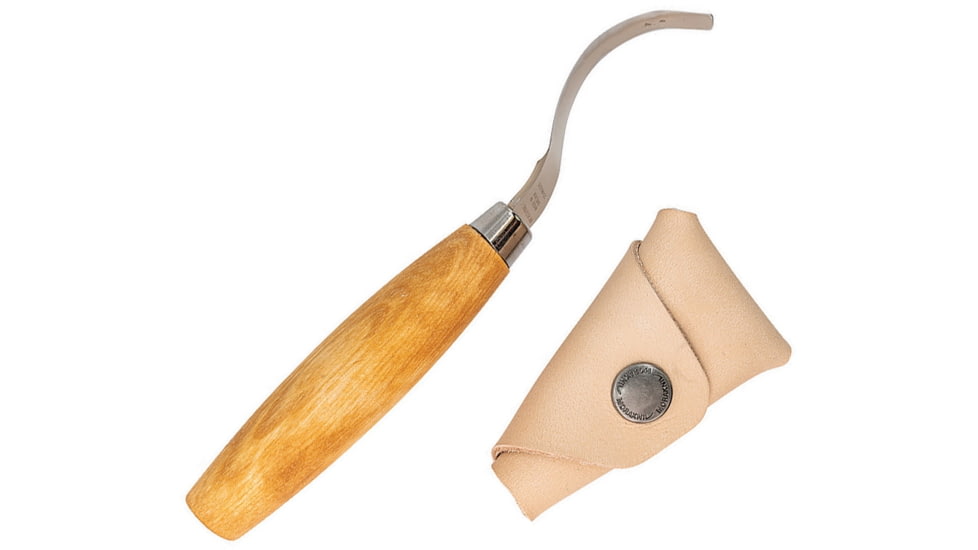 Morakniv Hook Knife 163 Double Edge Knife, 7.13in Overall, 2.75in SS Blade, Birch Wood Handle, Double Edge Open Curve Blade For Push And Pull Carving, Natural Leather Sheath, M-13387
