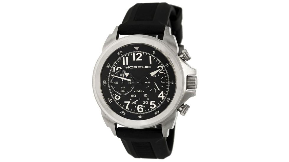Morphic Mens M19 Series Full-Function Chronograph Silicone Strap Watch Silver Bezel, Silver/Circle-shaped Case, Black/analog Dial, Black Hands MPH1901
