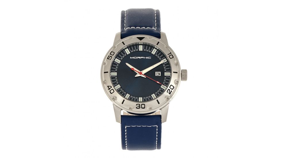 Morphic M71 Series Leather-Band Watch w/ Date, Silver/Blue, One Size, MPH7102