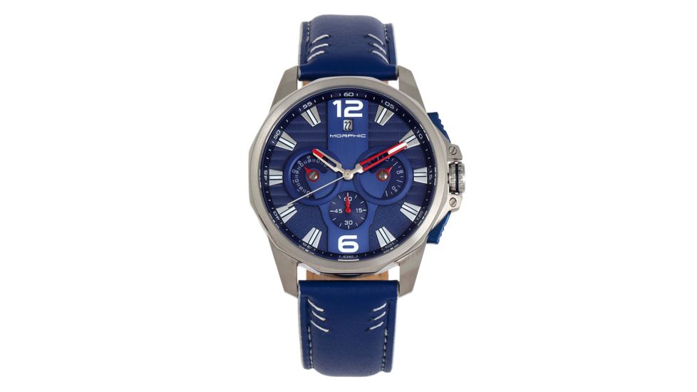 Morphic M82 Series Chronograph Leather-Band Watch w/Date, Silver/Blue, One Size, MPH8203