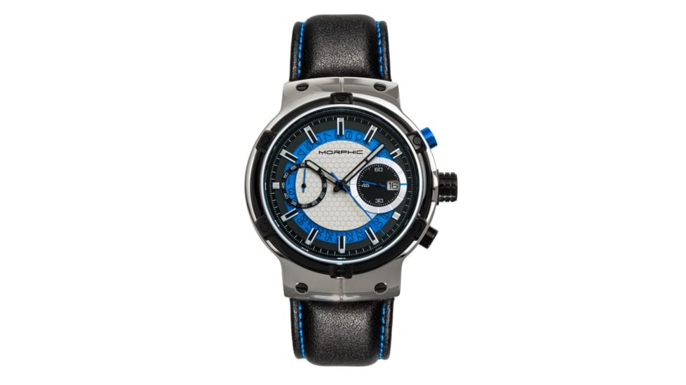 Morphic M91 Series Chronograph Leather-Band Watch w/Date, Silver/Blue - Mens, MPH9103