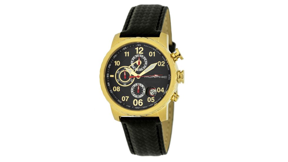 Mens M38 Series Watch,43mm,Black Analog Dial,Gold Bezel,Black Leather Band