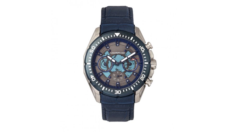 Morphic M66 Series Skeleton Dial Leather-Band Watch w/ Day/Date, Silver/Blue, MPH6603
