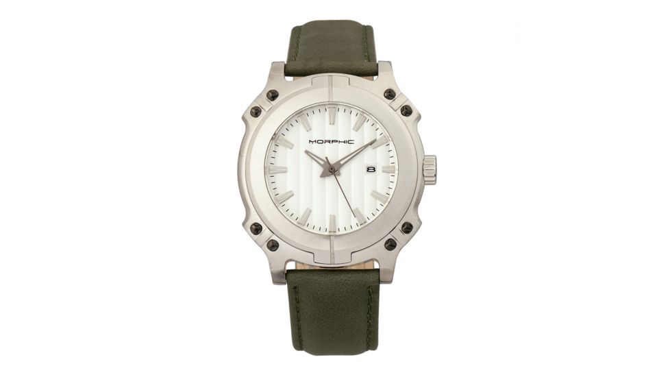 Morphic M68 Series Leather-Band Watch w/ Date, Silver/Olive, MPH6801