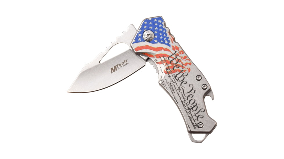 Mtech Drop Point Spring Assisted Knife w/Bottle Opener, 2.25 in, 3Cr13 Stainless Steel Stainless Steel, Stainless/Flag, MT-A882SAF
