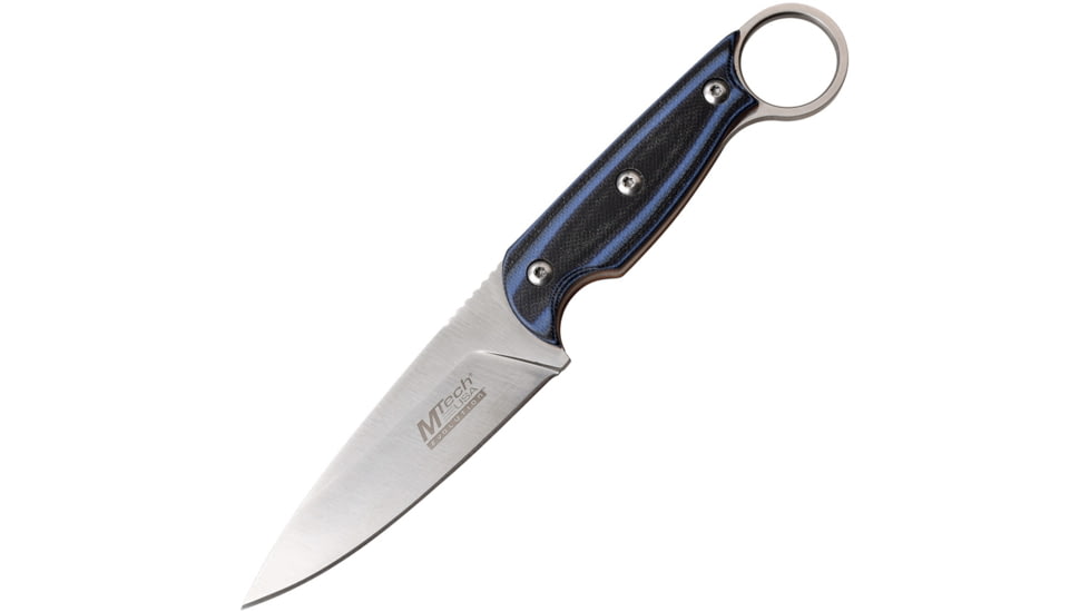 Mtech Evolution Knife, 8in Overall, 3.75in Satin 8Cr13Mov SS Drop Point, Black/Blue G10 Handle, Finger Ring, Black Kydex Sheath, MTE-FIX010-BL