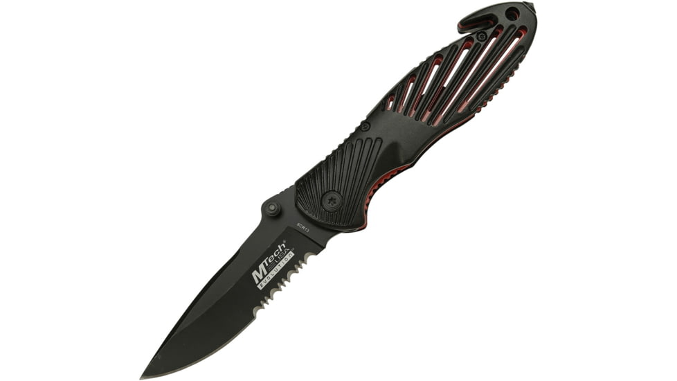 Mtech Evolution Linerlock A/O Folding Knife, 4.63in Closed, 3.5in Black Partially Serrated SS Drop Point, Black Aluminum Handle, Belt/Cord Cutter, Glass Breaker, Red SS Liners, MTE-A021-BKR