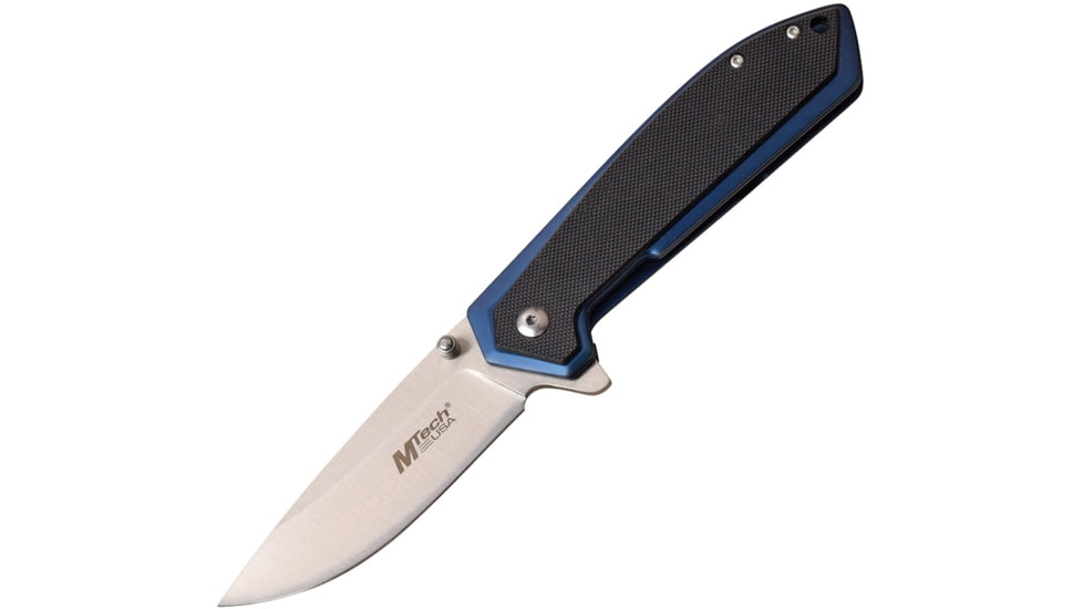 Mtech Framelock Blue Folding Knife, 3.25in Satin 3Cr13 SS Drop Point, Blue Tini Finish SS Handle With Black G10 Onlay, Thumb Stud, Pocket Clip, MT-1068BL
