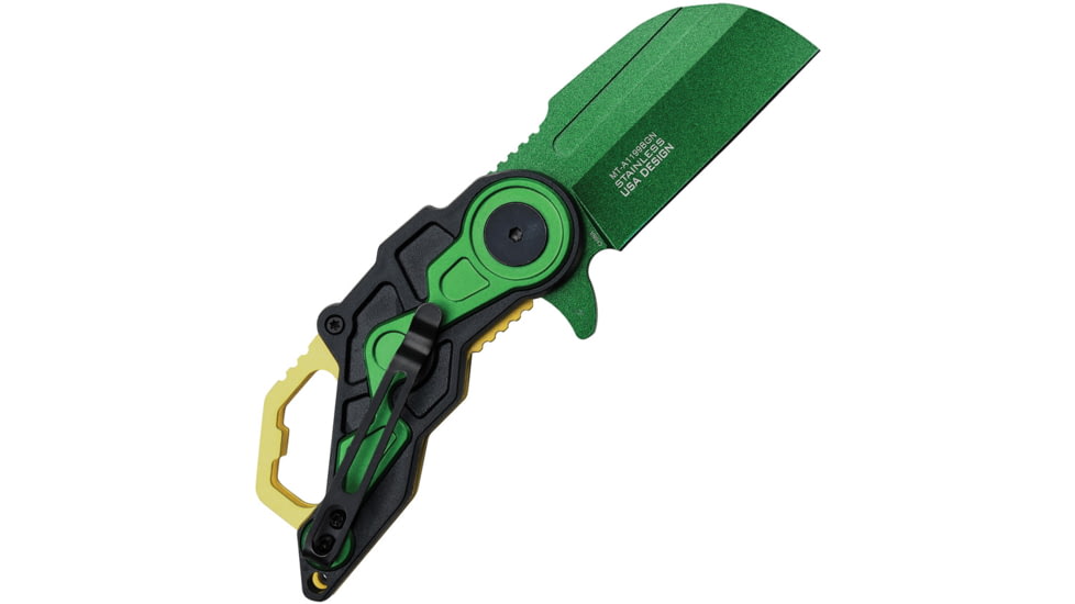 Mtech Black/Green A/O Folding Knife, 3.75in Closed, 2.25in Green Tini Coated Stainless Wharncliffe Blade, Black/Green ABS Handle, MT-A1199BGN