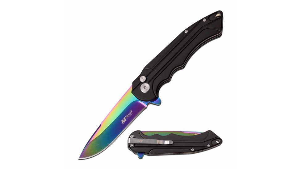Mtech MT-1022RBK Manual Folding Knife, 3.2in, 3CR13 Stainless Steel, Drop Point, Rainbow Blade, Aluminum Handle, Black, MT-1022RBK