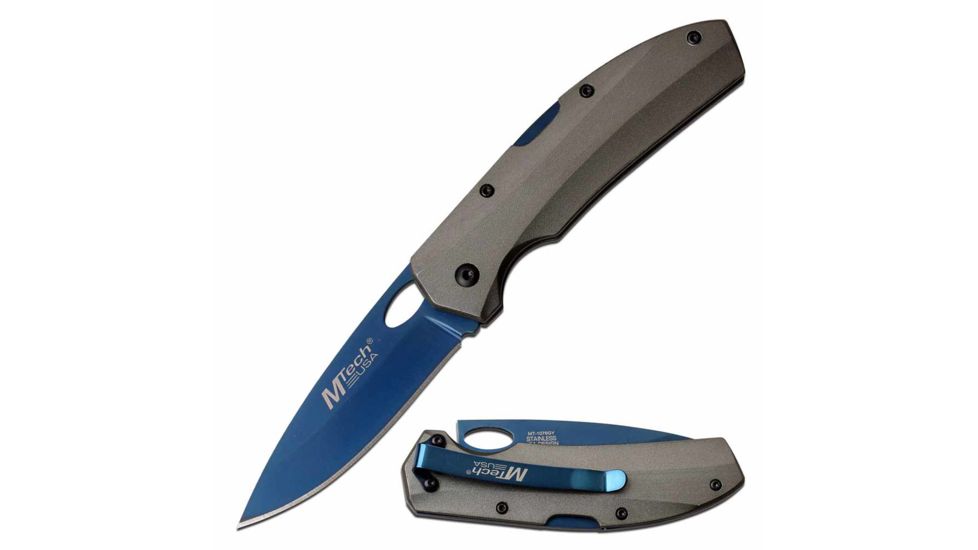 Mtech MT-1076GY Manual Folding Knife, 3in, 3CR13 Stainless Steel, Drop Point, Blue Blade, Aluminum Handle, Gray, MT-1076GY
