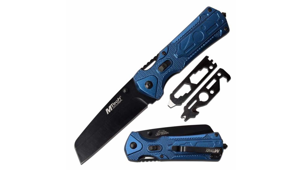 Mtech MT-1104BL Manual Folding Knife, 3.5in, 3CR13 Stainless Steel, Wharncliffe, Black Blade, Aluminum Handle, Blue, MT-1104BL