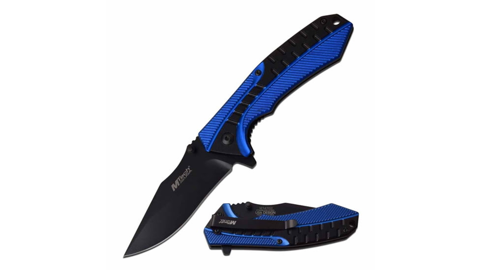 Mtech MT-A1003BL Spring Assisted Knife, 3.4in, 3CR13 Stainless Steel, Harpoon Point, Black Blade, Aluminum Handle, Black/Blue, MT-A1003BL