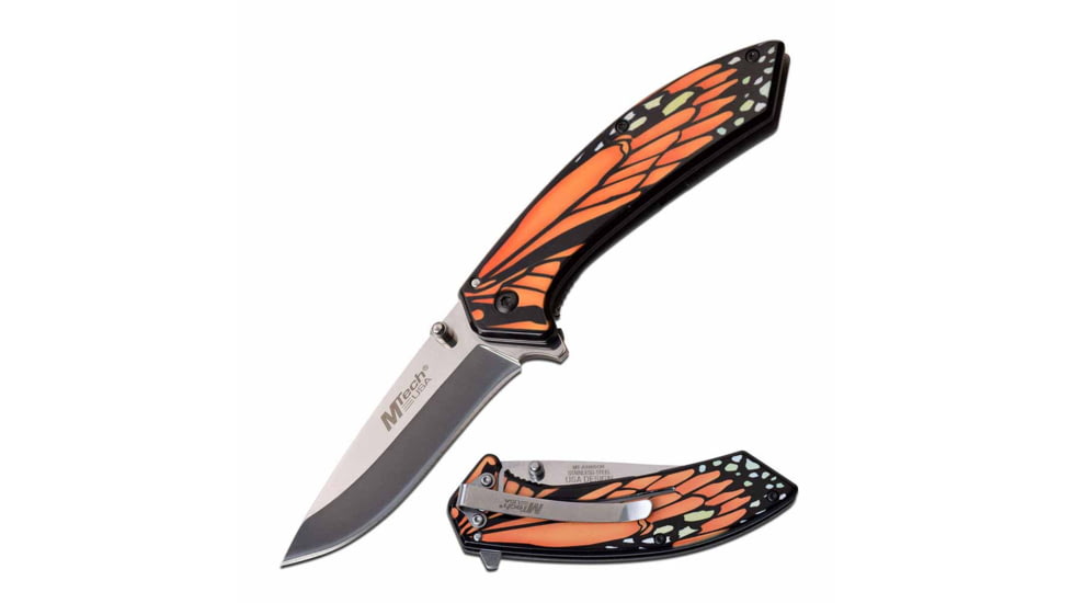 Mtech MT-A1005OR Spring Assisted Knife, 3.25in, 3CR13 Stainless Steel, Recurved, Steel Blade, Stainless Steel Handle, Black/Orange, MT-A1005OR