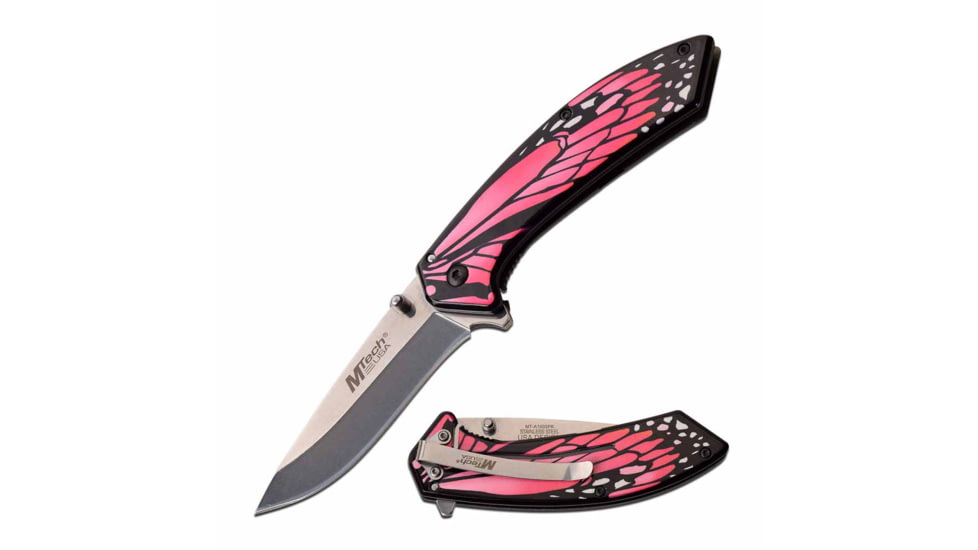 Mtech MT-A1005PK Spring Assisted Knife, 3.25in, 3CR13 Stainless Steel, Recurved, Steel Blade, Stainless Steel Handle, Black/Pink, MT-A1005PK