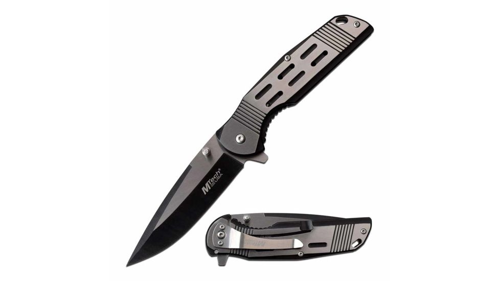 Mtech MT-A1019BK Spring Assisted Knife, 3.5in, 3CR13 Stainless Steel, Spear Point, Black/Satin Blade, Stainless Steel Handle, Black/Satin, MT-A1019BK