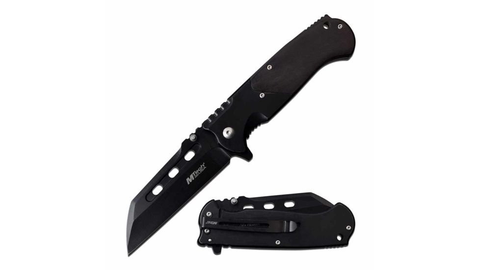 Mtech MT-A1020BK Spring Assisted Knife, 3.75in, 3CR13 Stainless Steel, Reverse Tanto, Black Blade, Stainless Steel/Pakkawood Handle, Black, MT-A1020BK