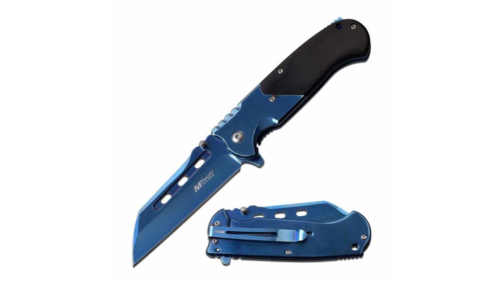 Mtech MT-A1020BL Spring Assisted Knife, 3.75in, 3CR13 Stainless Steel, Reverse Tanto, Blue Blade, Stainless Steel/Pakkawood Handle, Blue, MT-A1020BL