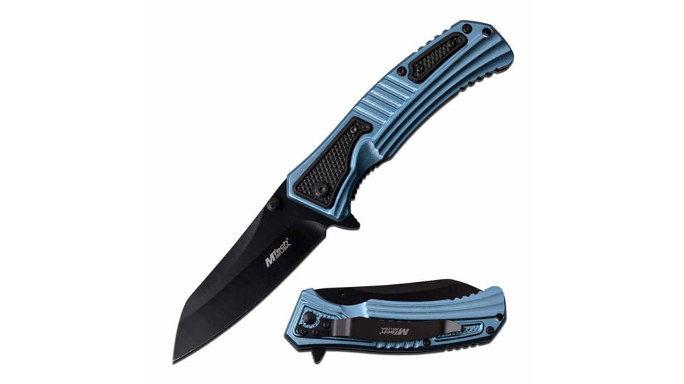 Mtech MT-A1039BL Spring Assisted Knife, 3.5in, 3CR13 Stainless Steel, Sheepsfoot Point, Black Blade, Aluminum Handle, Blue/Black, MT-A1039BL