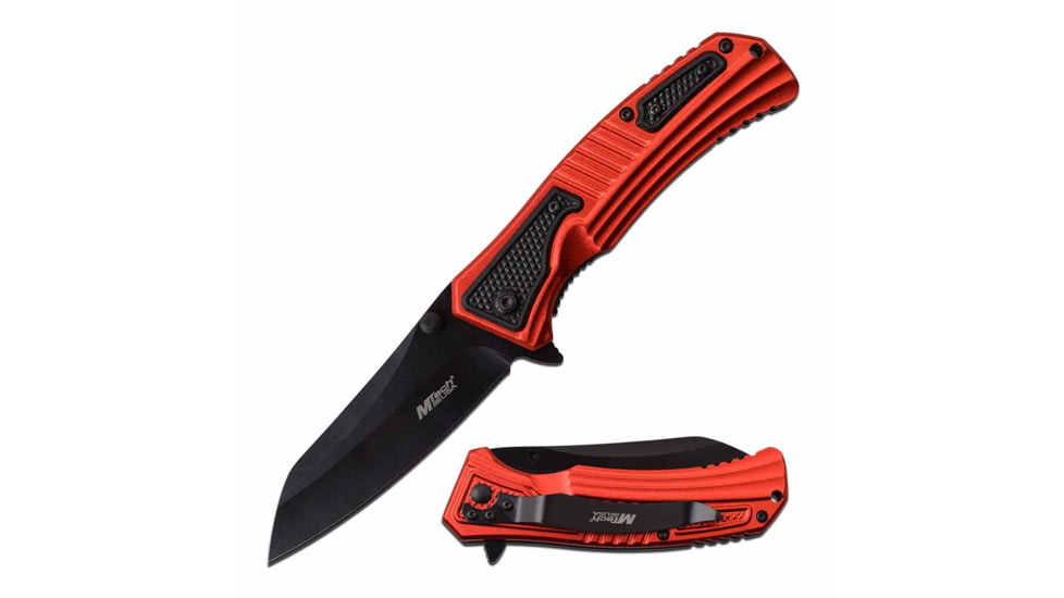 Mtech MT-A1039RD Spring Assisted Knife, 3.5in, 3CR13 Stainless Steel, Sheepsfoot Point, Black Blade, Aluminum Handle, Red/Black, MT-A1039RD