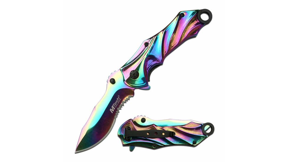 Mtech MT-A1043RB Spring Assisted Knife, 3.75in, 3CR13 Stainless Steel, Harpoon Point, Rainbow Blade, Stainless Steel Handle, Rainbow, MT-A1043RB