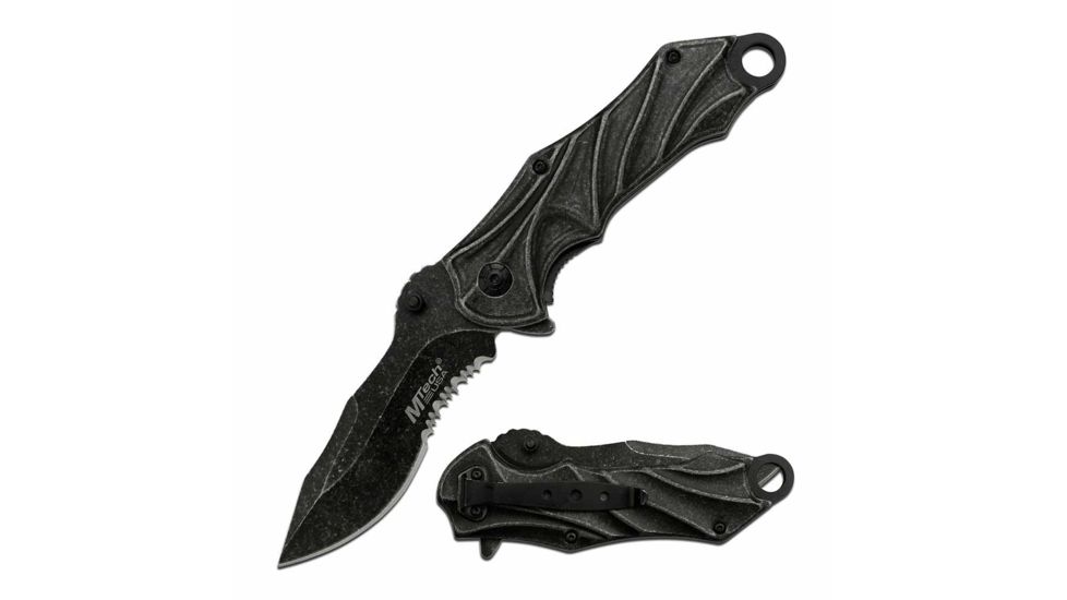 Mtech MT-A1043SW Spring Assisted Knife, 3.75in, 3CR13 Stainless Steel, Harpoon Point, Stonewashed Blade, Stainless Steel Handle, Stonewash, MT-A1043SW