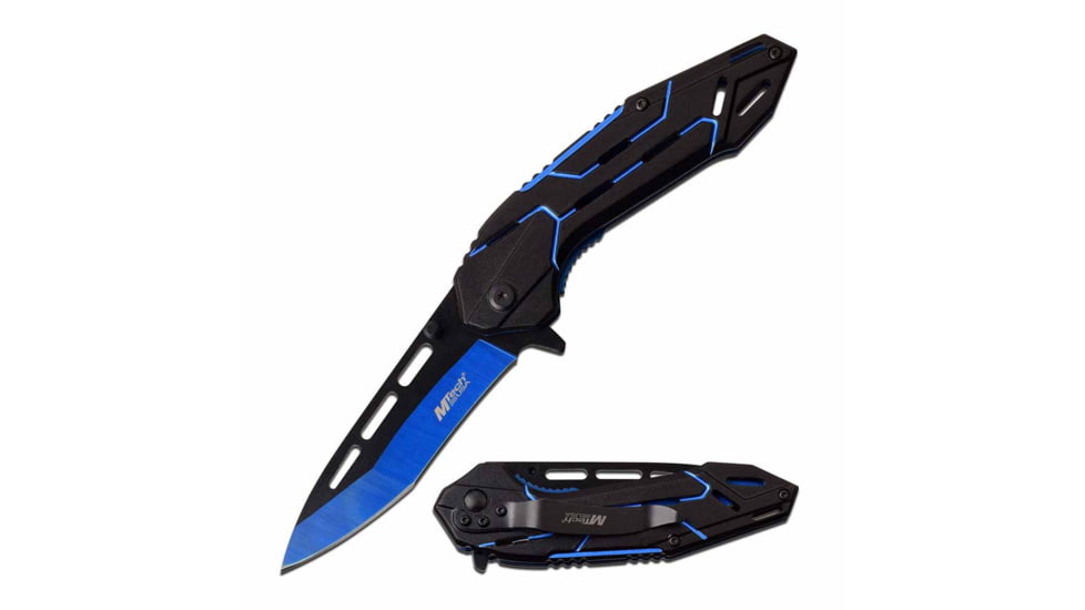 Mtech MT-A1054BL Spring Assisted Knife, 3.5in, 3CR13 Stainless Steel, Tanto, Blue/Black Blade, Aluminum Handle, Black/Blue, MT-A1054BL