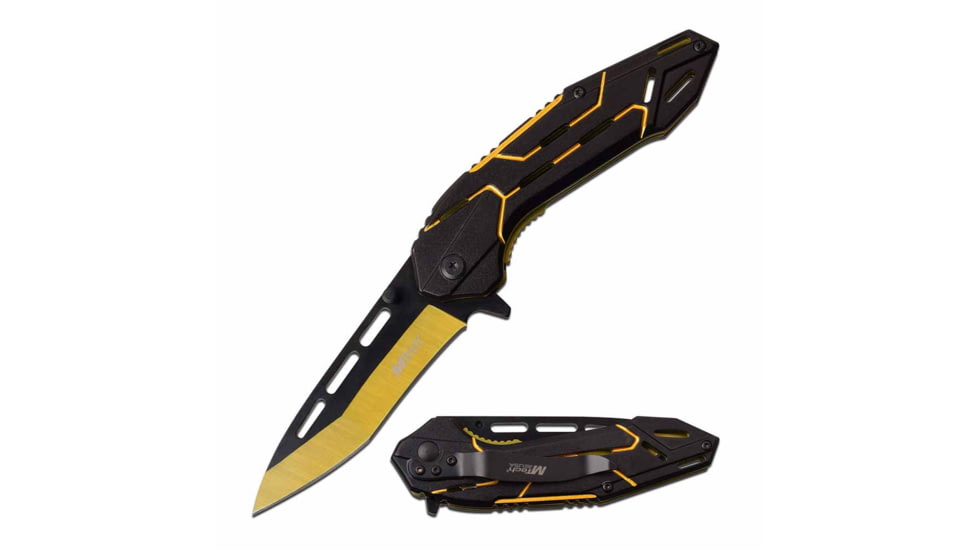 Mtech MT-A1054GD Spring Assisted Knife, 3.5in, 3CR13 Stainless Steel, Tanto, Golden/Black Blade, Aluminum Handle, Black/Gold, MT-A1054GD